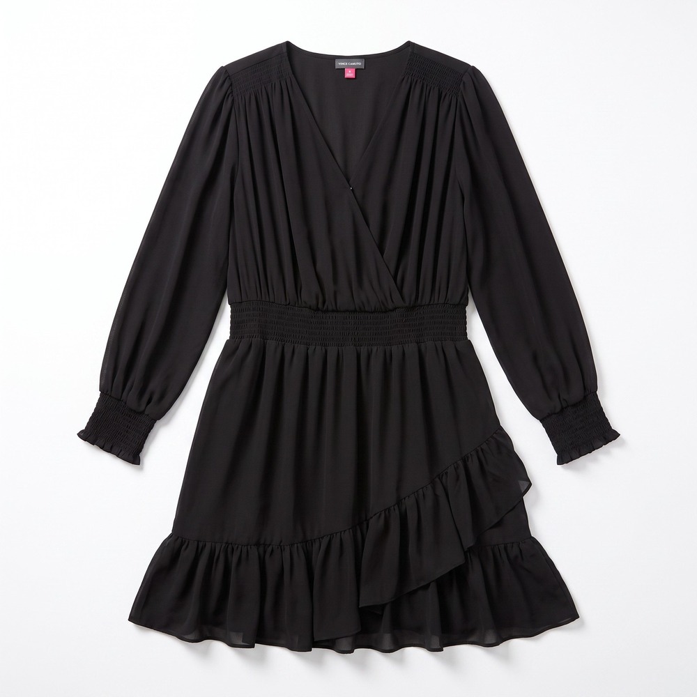 Vince Camuto 2X Black Womens Ruffle Faux Wrap Dress Casual Boho Smocked Waist
